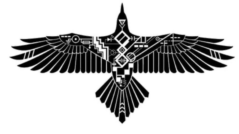 Blackbird Breathwork logo- black bird detailed with tribal patterns black on white background 