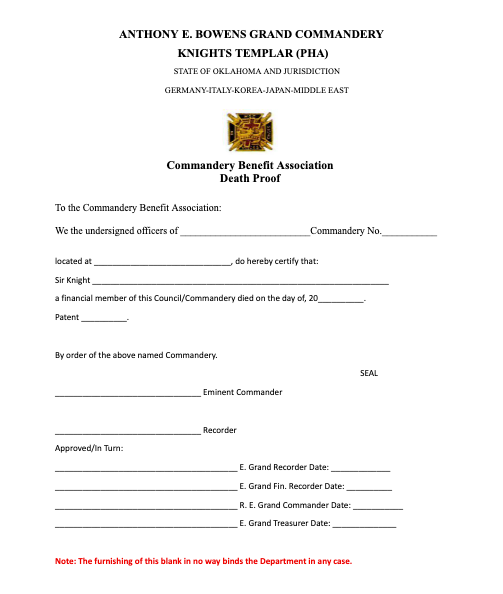 Aeb commandery death proof form
