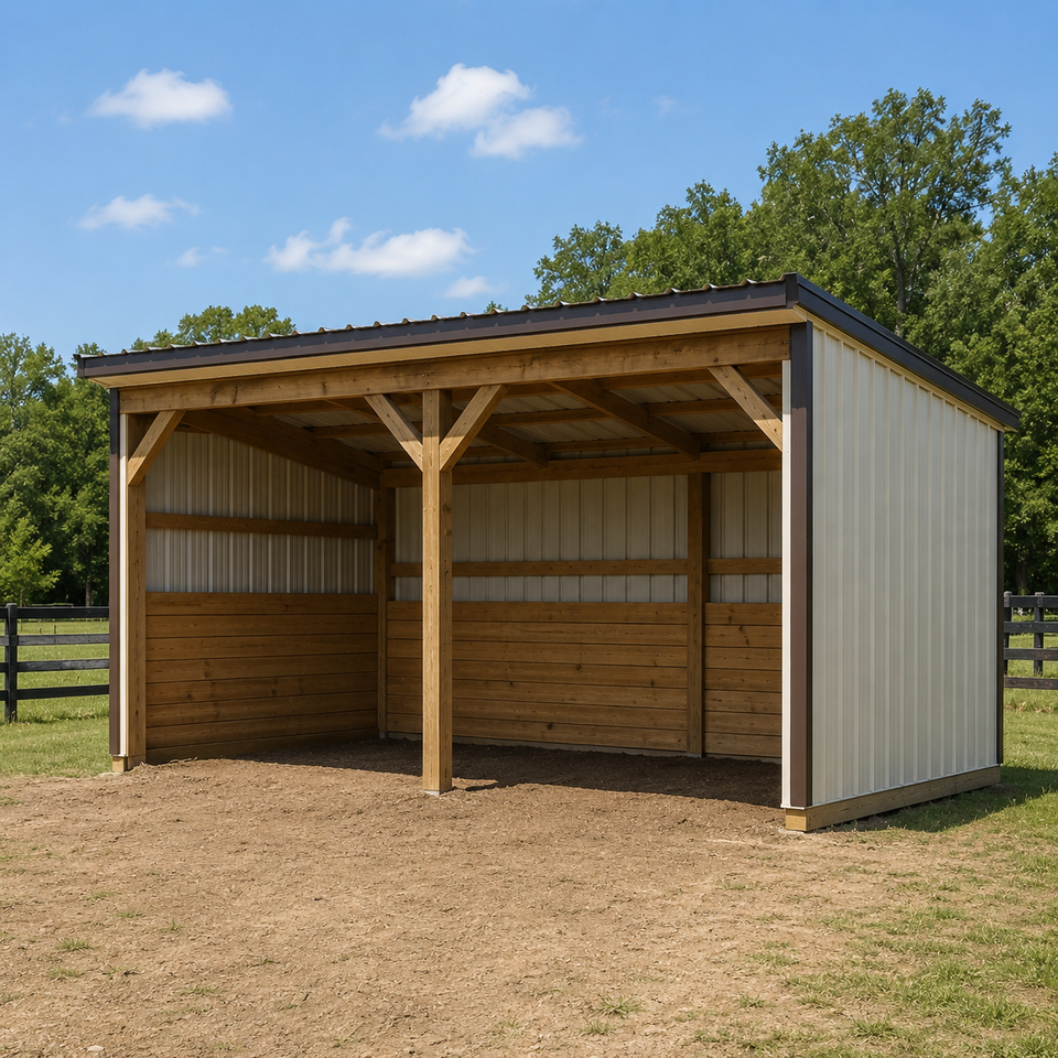 Open front loafing shed with wood and metal siding on an East Tennessee pasture