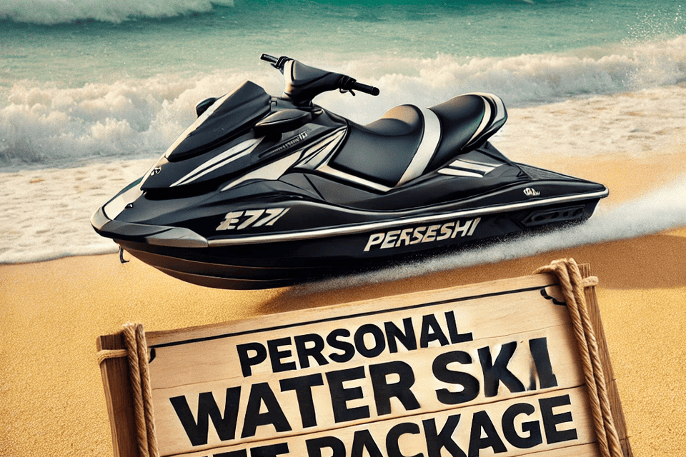 Dall·e 2024 09 15 06.03.20   a personal water ski jet on a beach with waves in the background  labeled personal water ski jet package