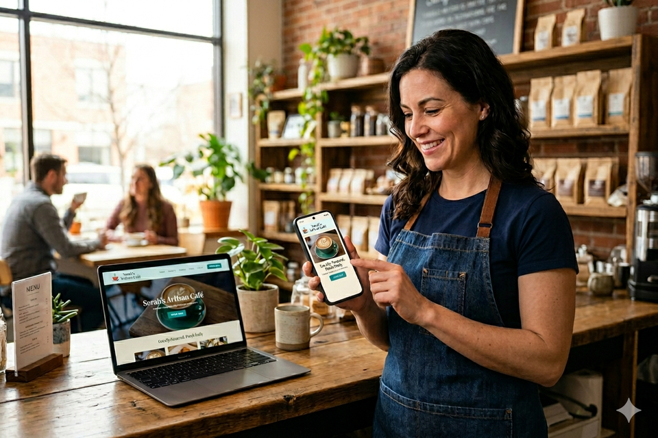 A smiling Oswego, IL cafe owner uses a smartphone to display her mobile-optimized business website from Done Right Website, on a counter next to a laptop.