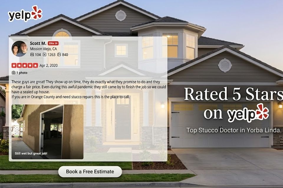 5-star Yelp review for Stucco Doctor showing completed stucco repair project and customer testimonial in Orange County, California