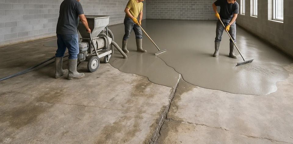 A self-leveling concrete overlay creates a smooth, durable surface for commercial and industrial flooring.