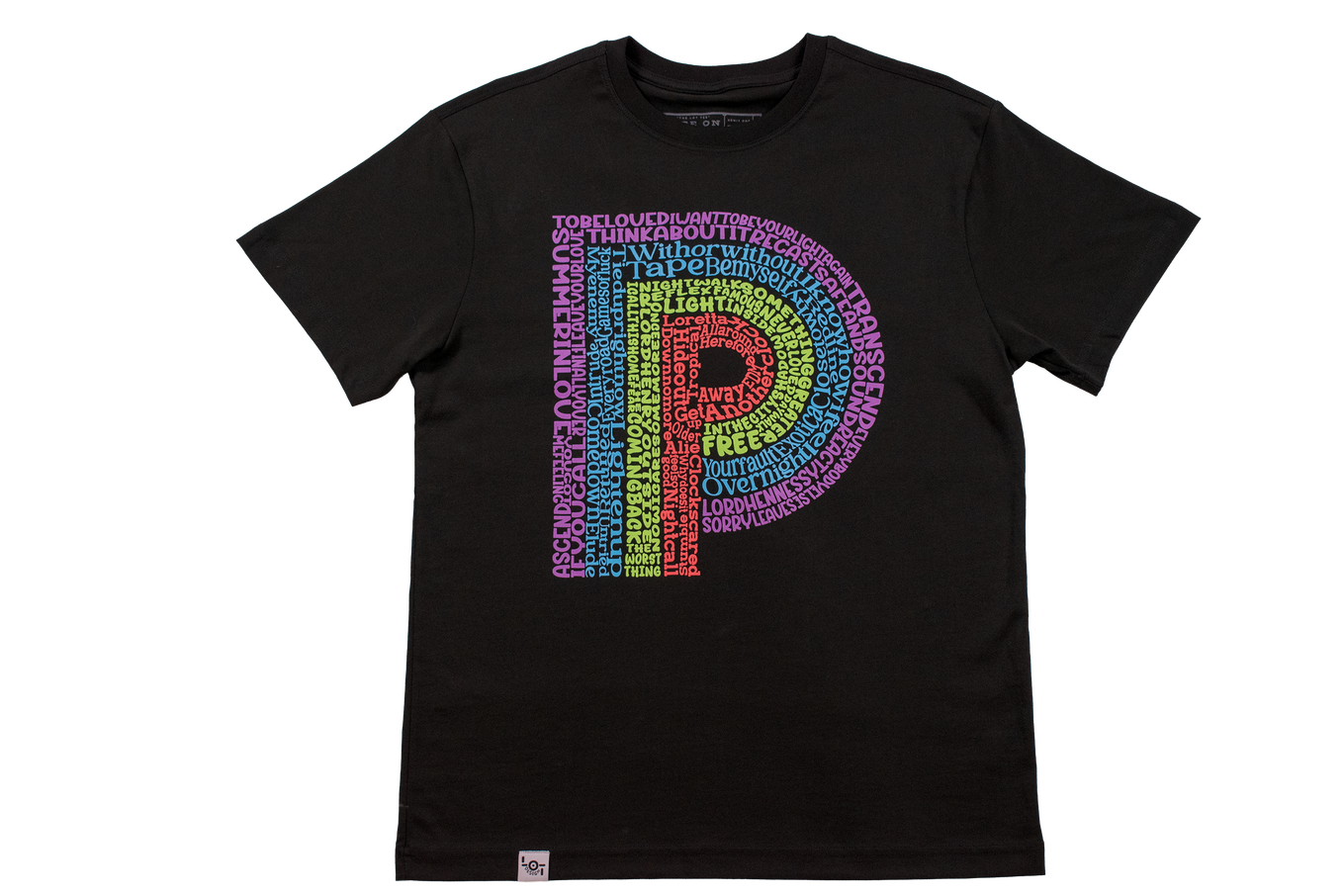 Full view of the black Parcels song-title LOT Tee