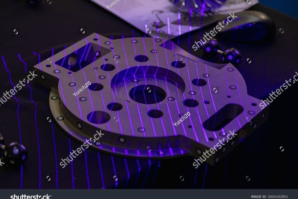 Stock photo purple laser lines scanning a mechanical component enhancing precision in reverse engineering and 2604162851