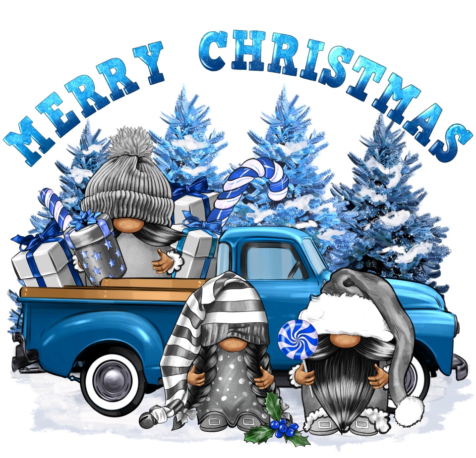 Seasons   christmas merry christmas gnomies with truck blue