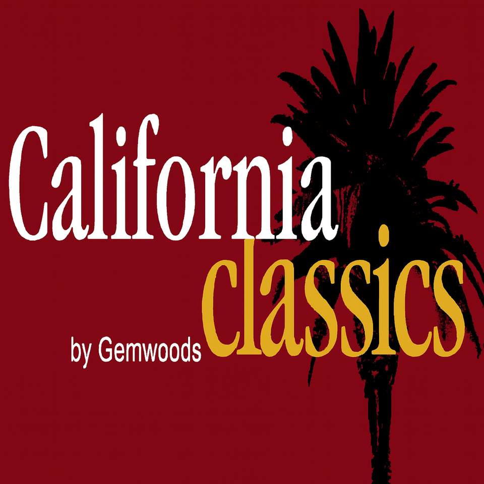 California Classics logo with white “California” and yellow “classics” serif text over a maroon background, featuring a black palm tree silhouette and “by Gemwoods” in small white font below.