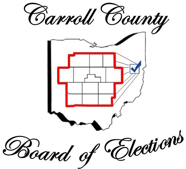 Carroll County Board of Elections logo featuring an outline of Ohio and a county map.