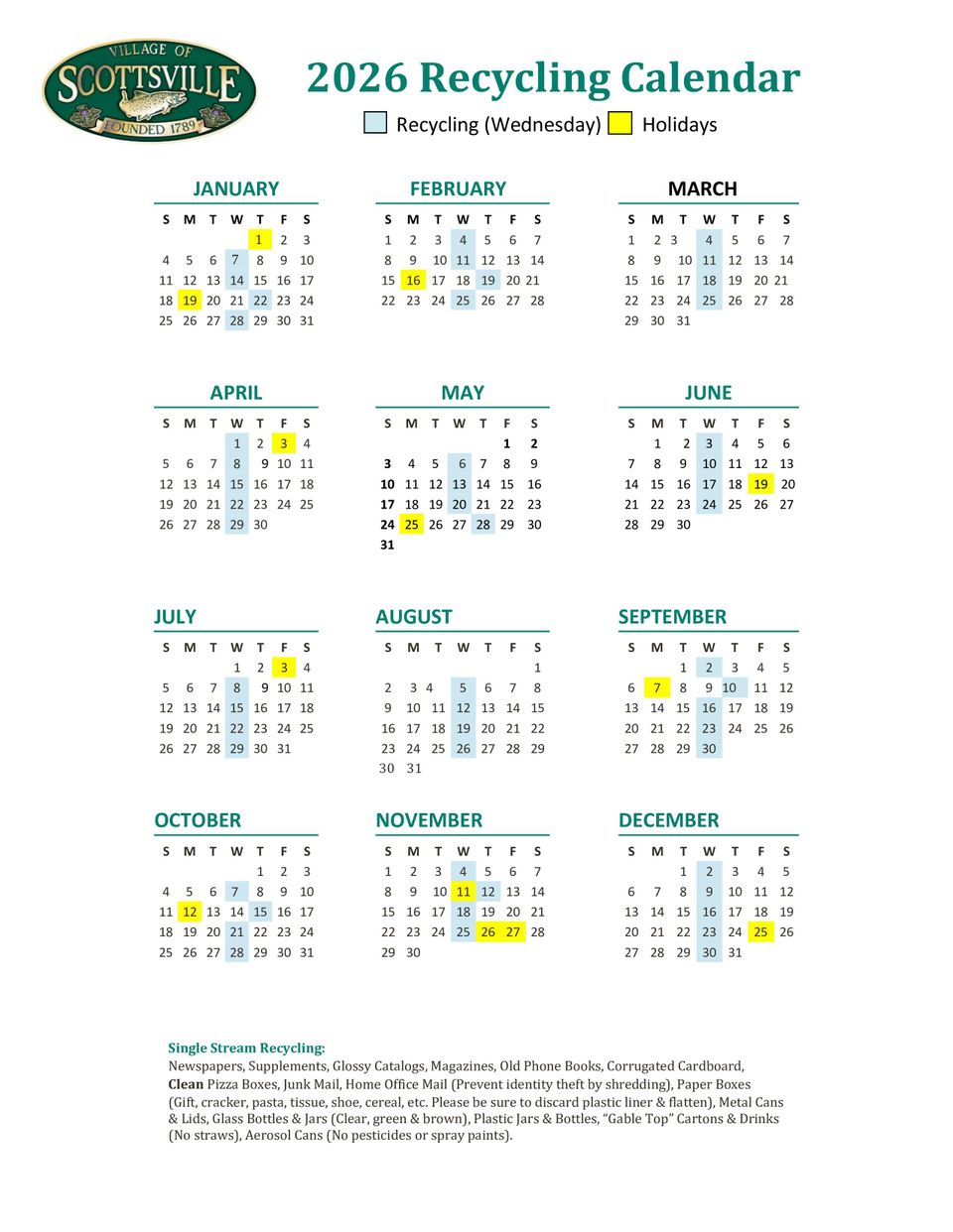 2026 wednesday recycling calendar pdf