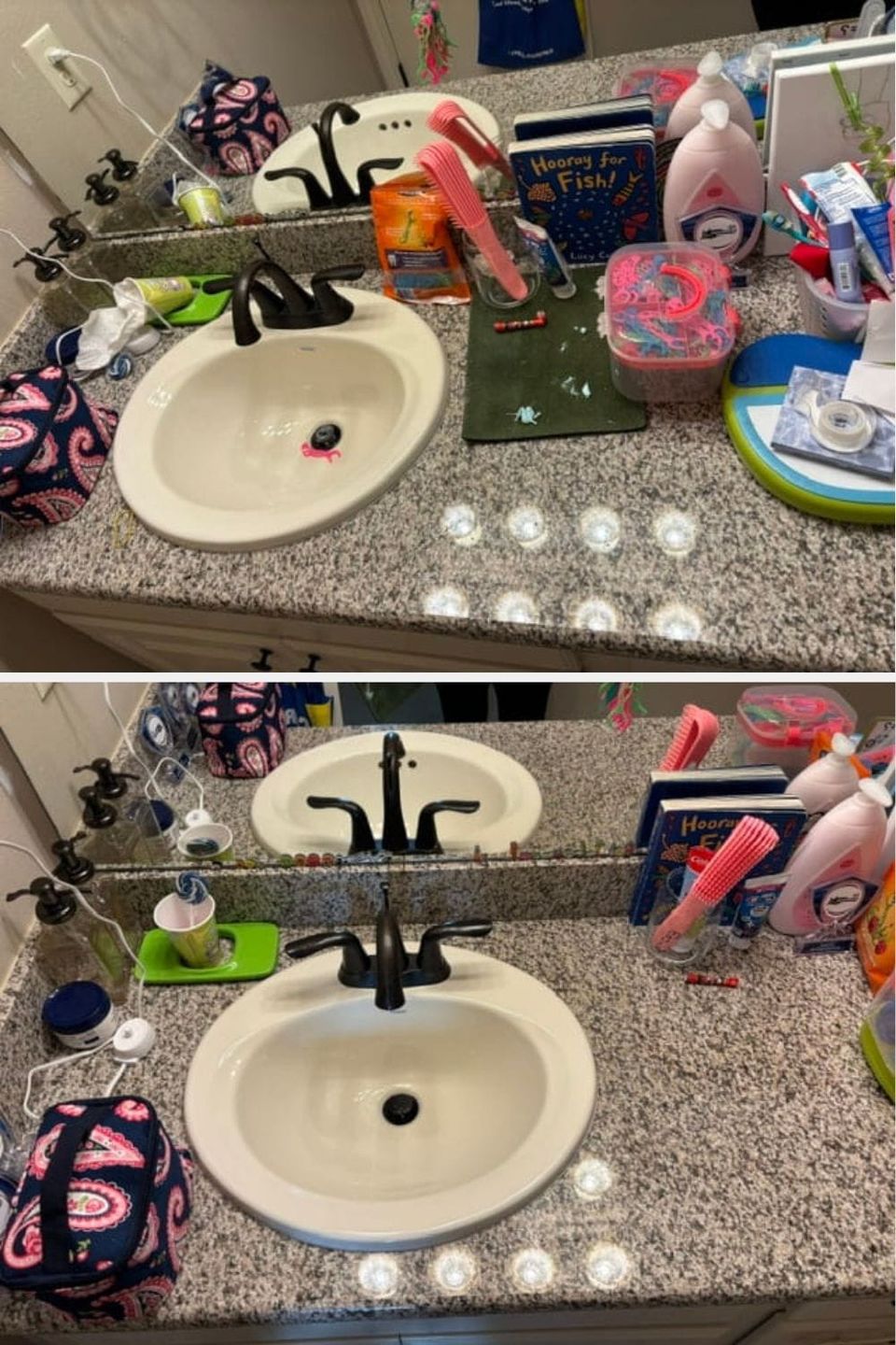Before-and-after comparison of a bathroom vanity and sink area cleaned and tidied by Reliably Clean by Y
