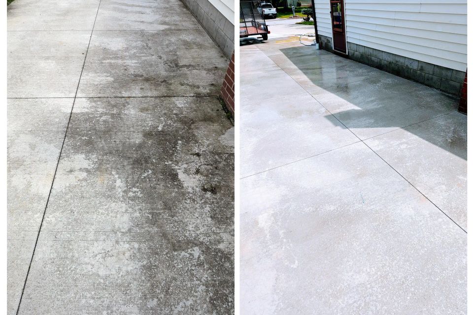 Before and after photos showing a concrete walkway cleaned with pressure washing.