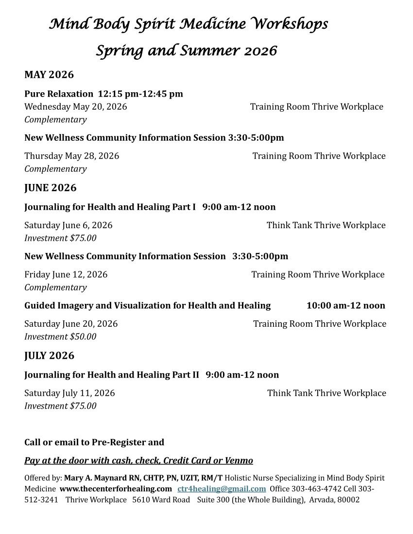 Mind body spirit medicine workshops spring and summer 2026