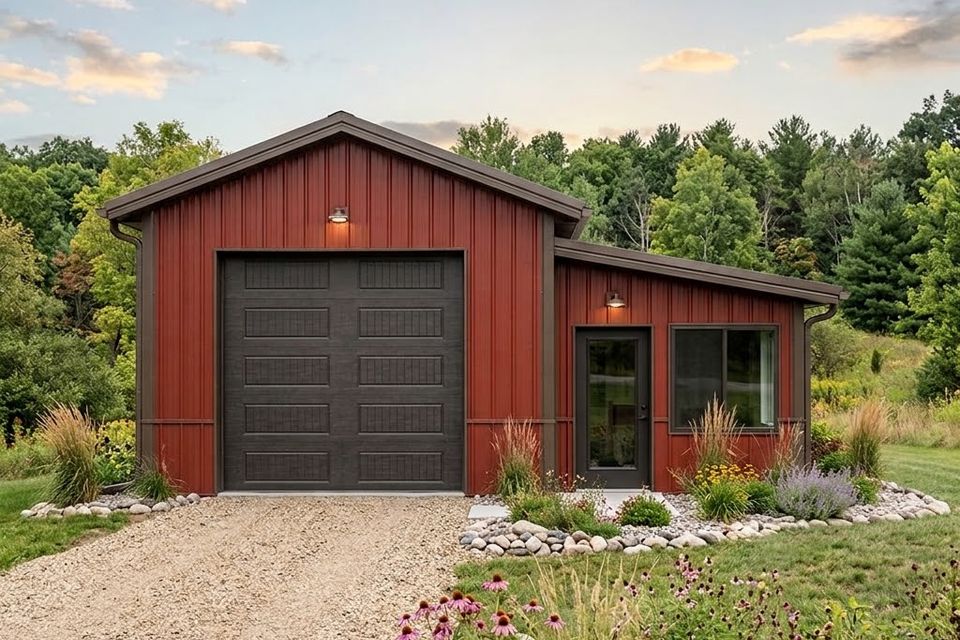 Red vertical roof steel building with brown garage door and gravel drive in Knoxville TN