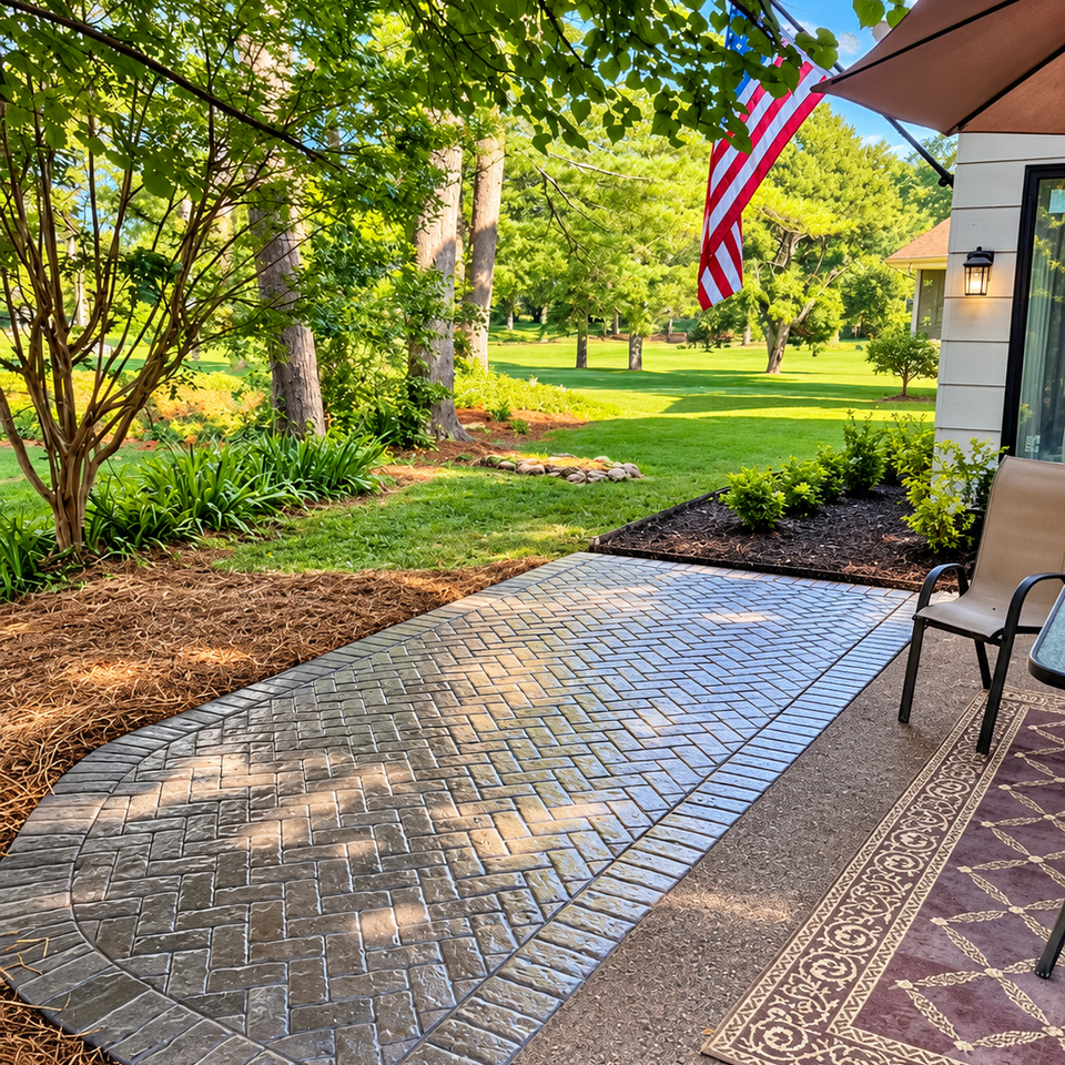 Sunlit patio garden with american flag