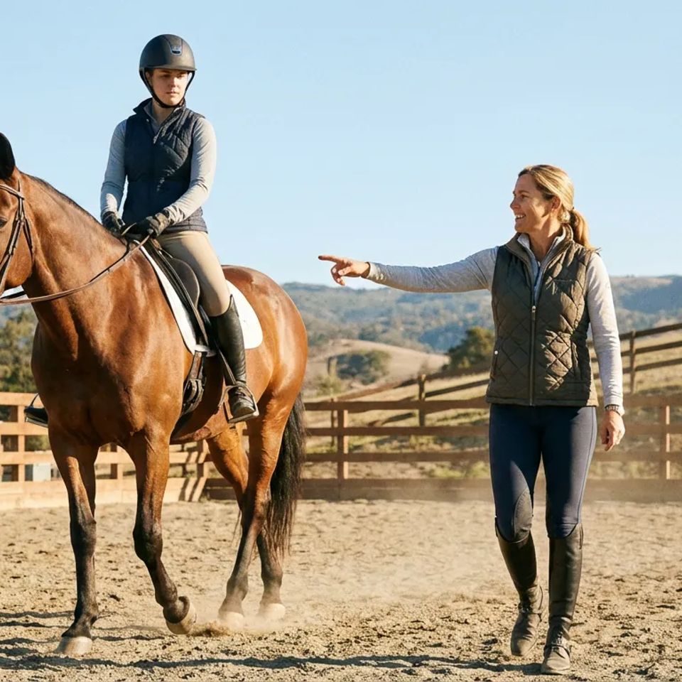 Professional equestrian instructor giving a private horseback riding lesson to a student in an outdoor riding arena