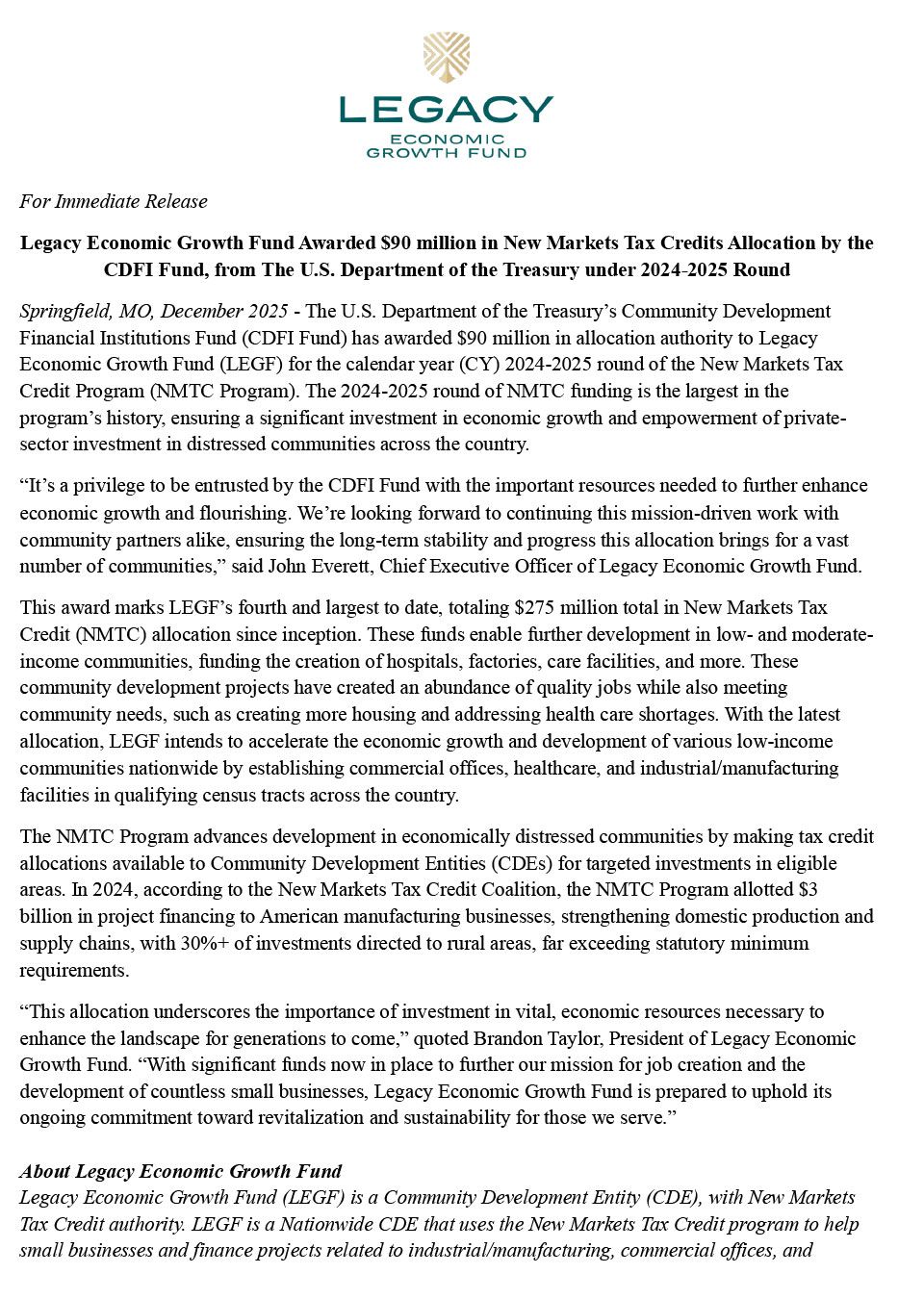 Legf nmtc award press release 2024 to 2025 round 1