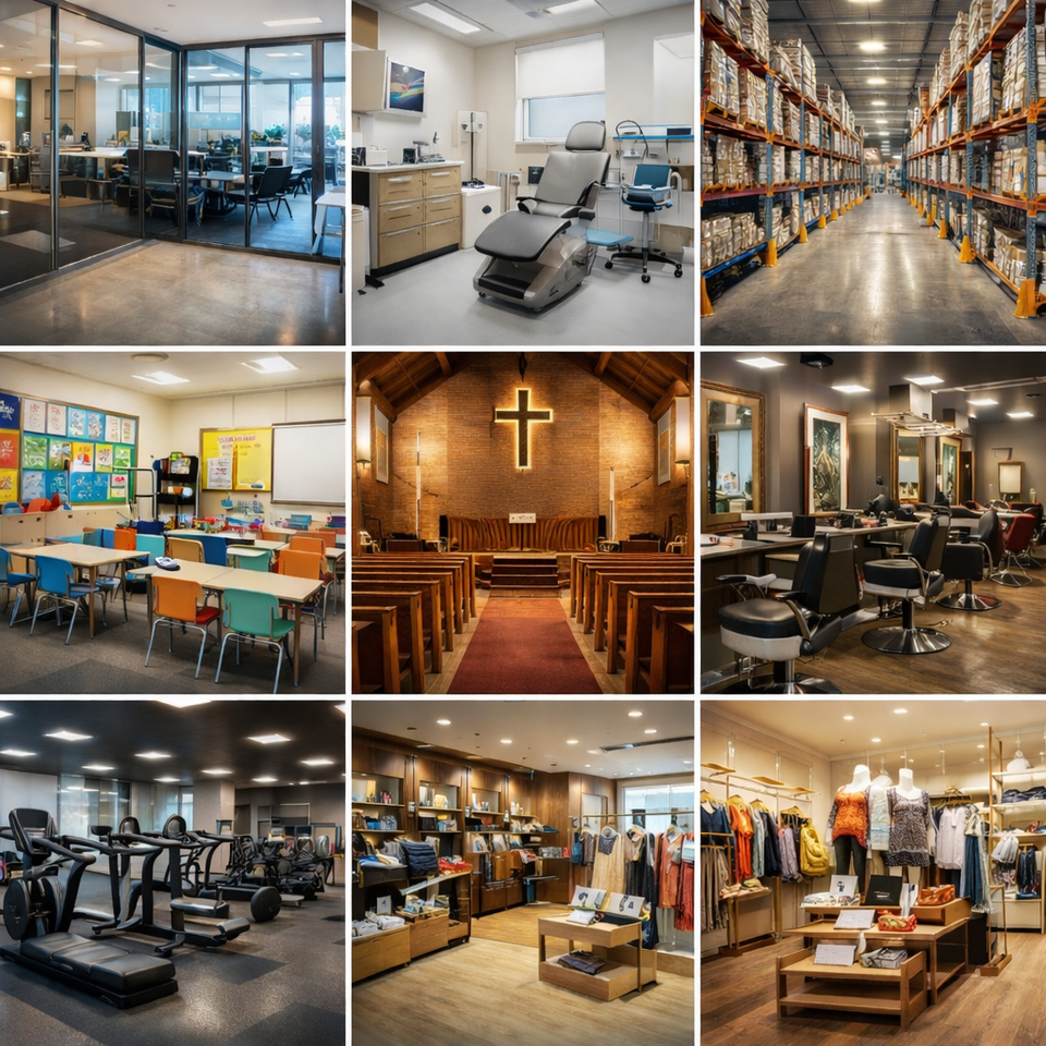 Commercial cleaning services in Indianapolis for offices, medical facilities, warehouses, schools, gyms, salons, retail stores, and religious buildings.