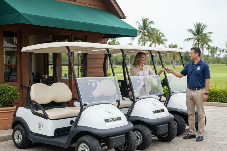 Smiling staff handing over keys at a professional rental shop