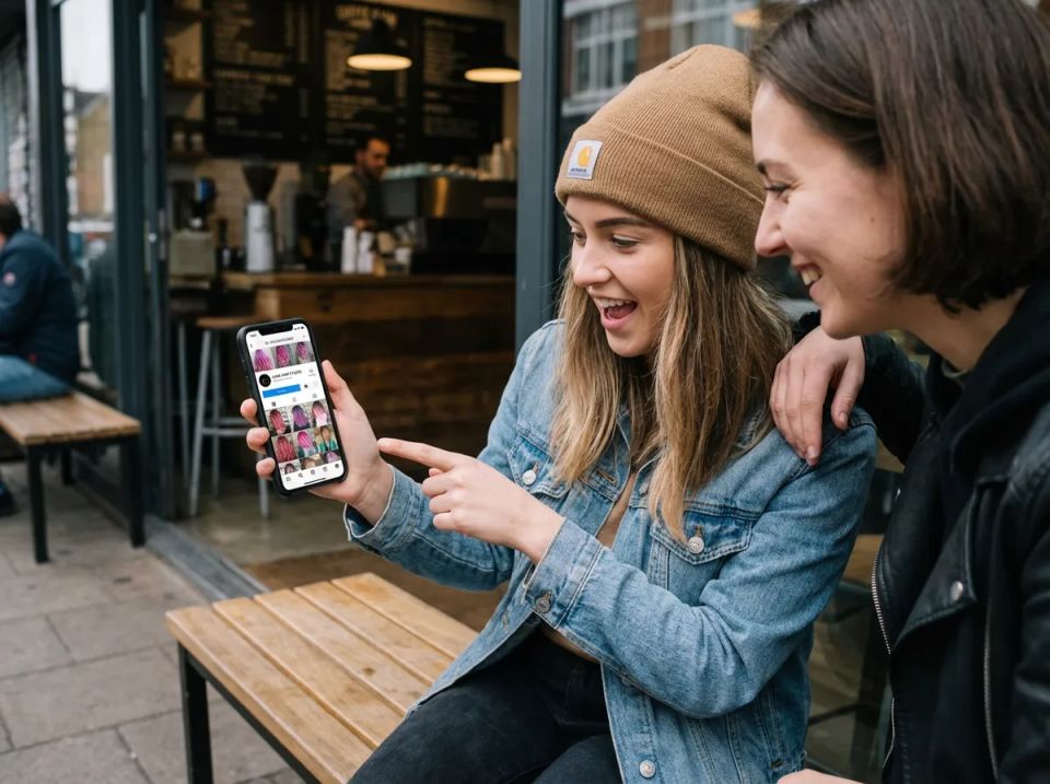 Two happy women browsing a local hair salon's Instagram portfolio on a smartphone