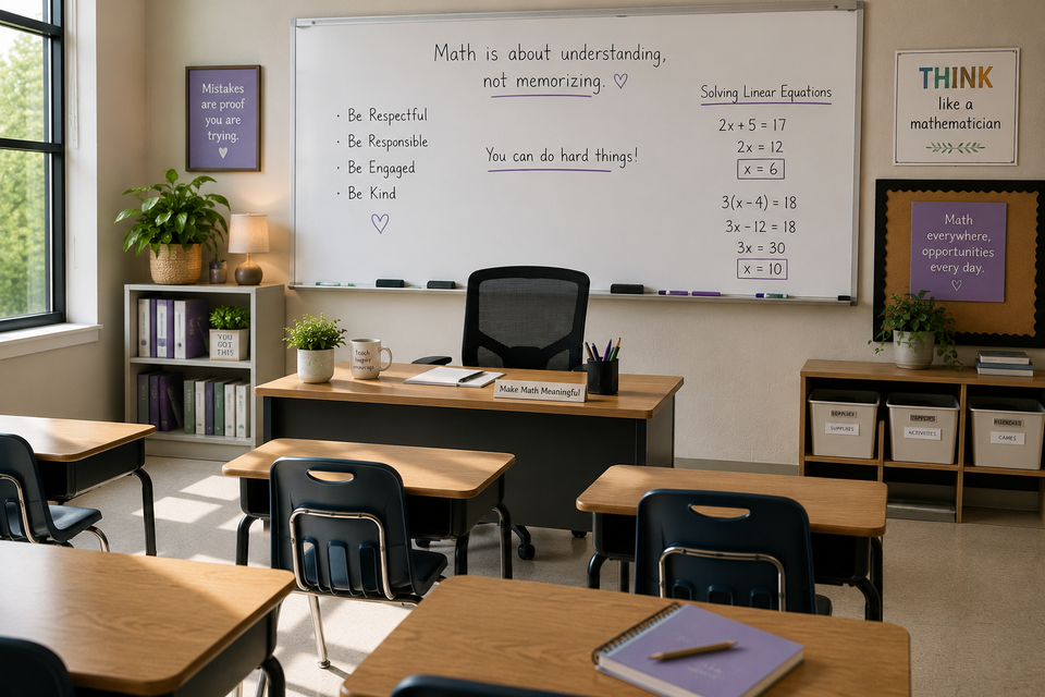 Mathematics classroom with student desks, teacher workspace, whiteboard lessons, and educational resources representing classroom-based learning and curriculum development.