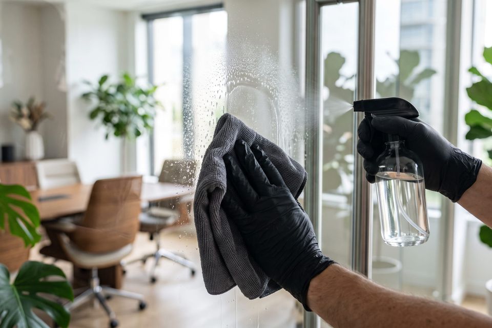 Cleaning a glass window in an office
