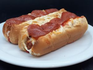 Pizza dogs with fried hot dog
