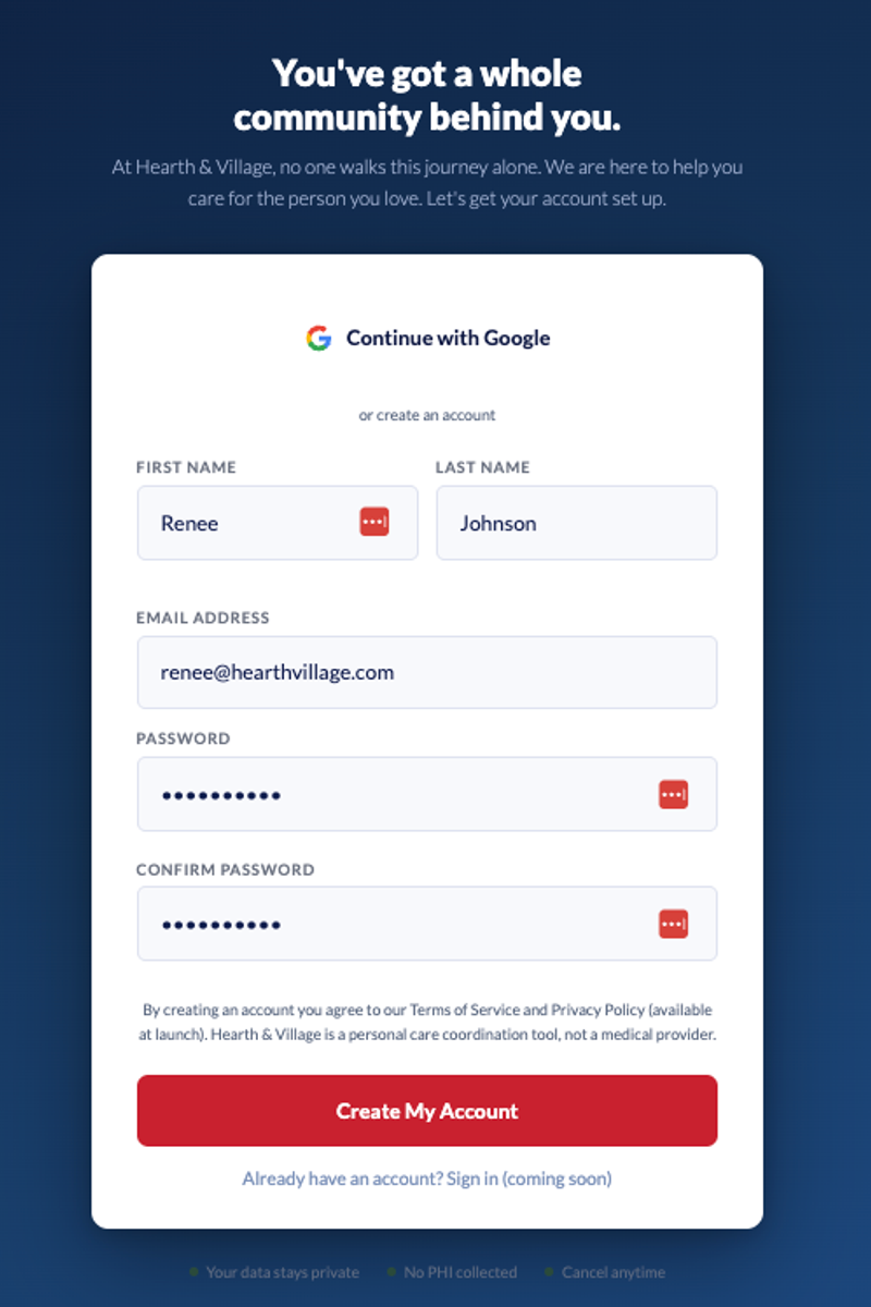 Hearth and Village sign up screen