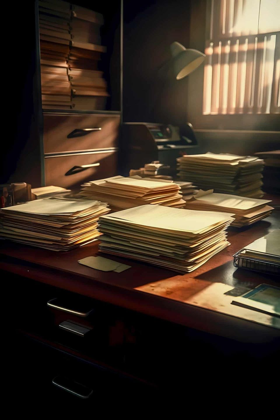Lawyers desk stacked with case files