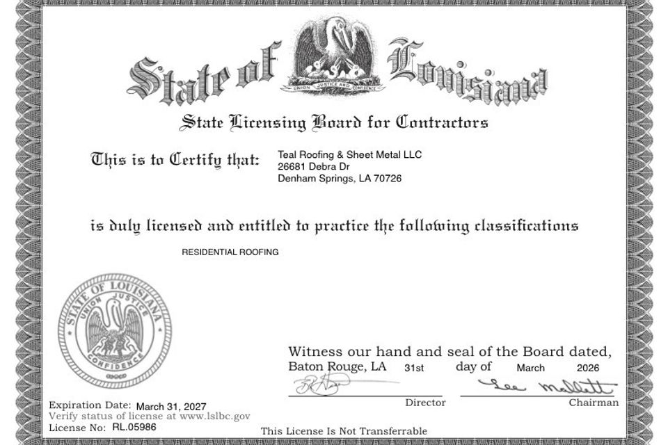 Louisiana residential roofing license for Teal Roofing and Sheet Metal