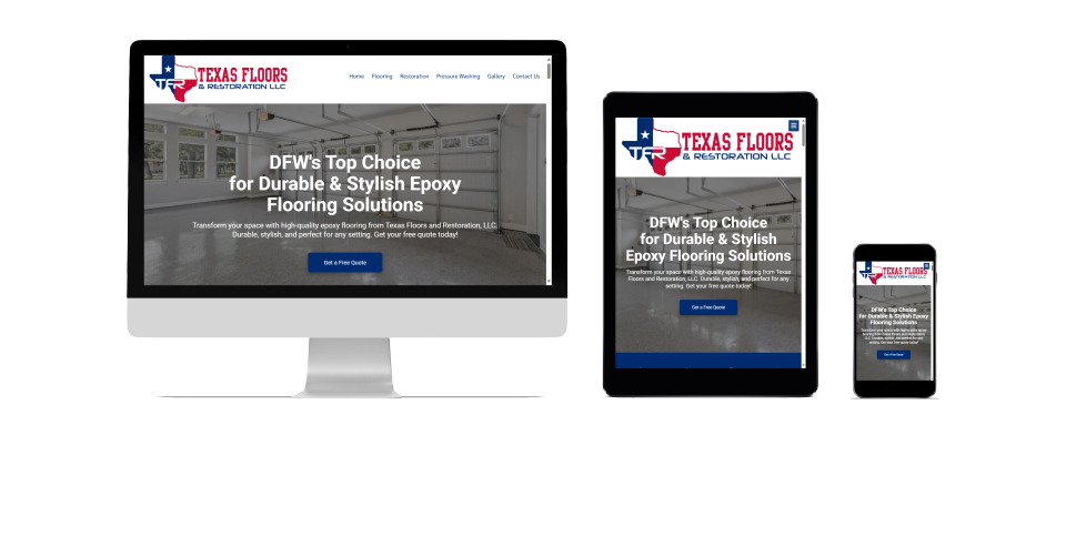 A large monitor, a tablet, and a smartphone each displaying the homepage of an affordable responsive website for a local epoxy flooring small business in Mesquite, Texas designed by GloboWeb Website Design & Digital Agency