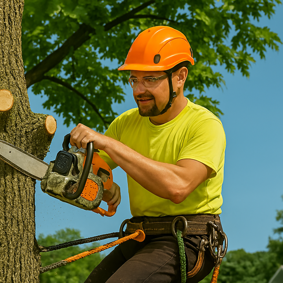 Certified arborist trimming large tree branches in a residential yard – professional tree removal and pruning services