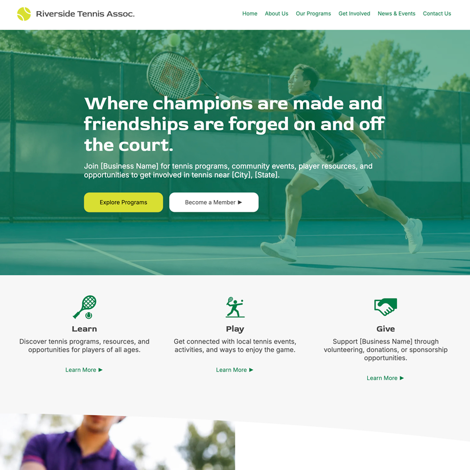 Tennis association website design theme