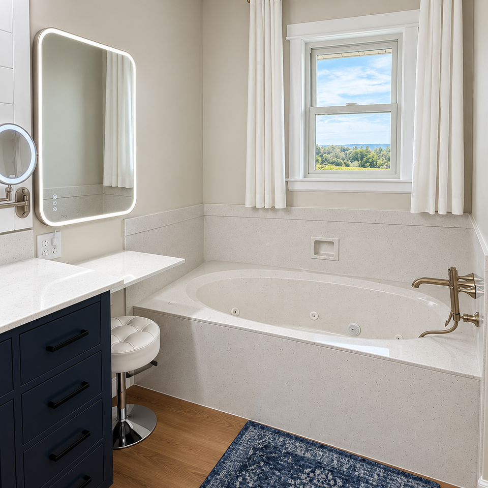 Modern navy vanity and jetted tub bathroom