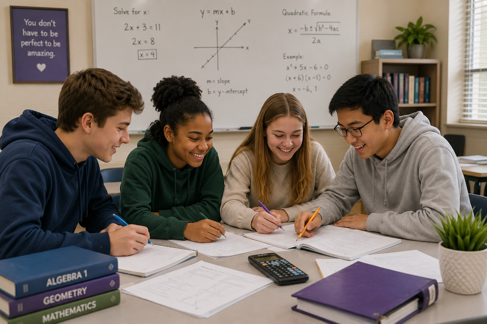 Students working together on mathematics problems in a classroom environment using worksheets, notebooks, and calculators to strengthen understanding and develop critical thinking skills.