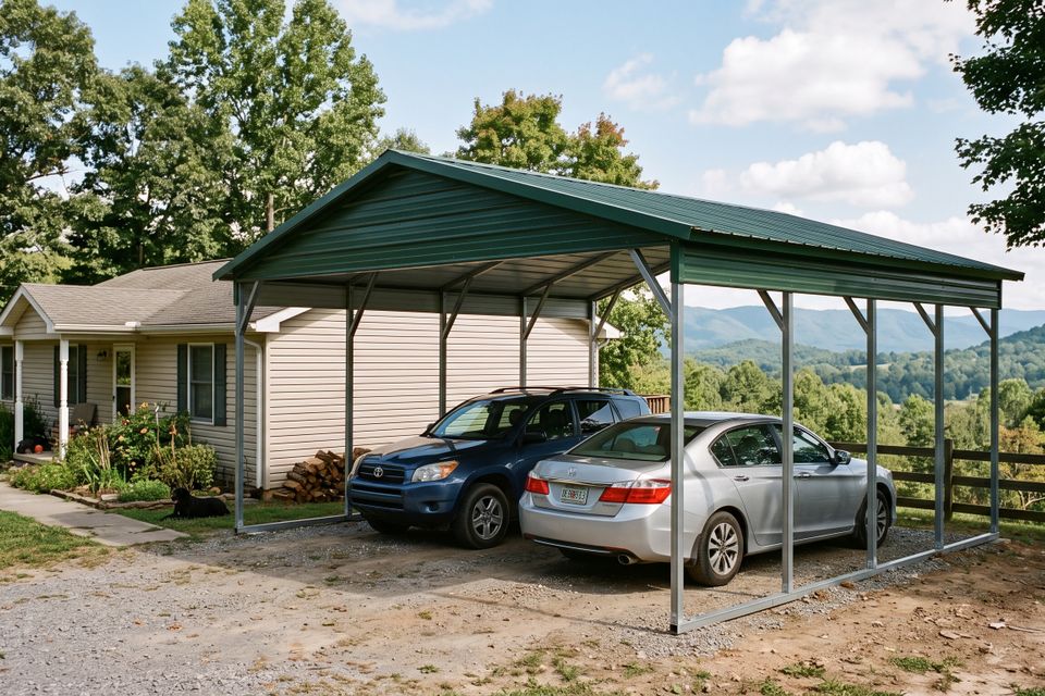 Green roof metal carport covering two cars beside a home in East Tennessee