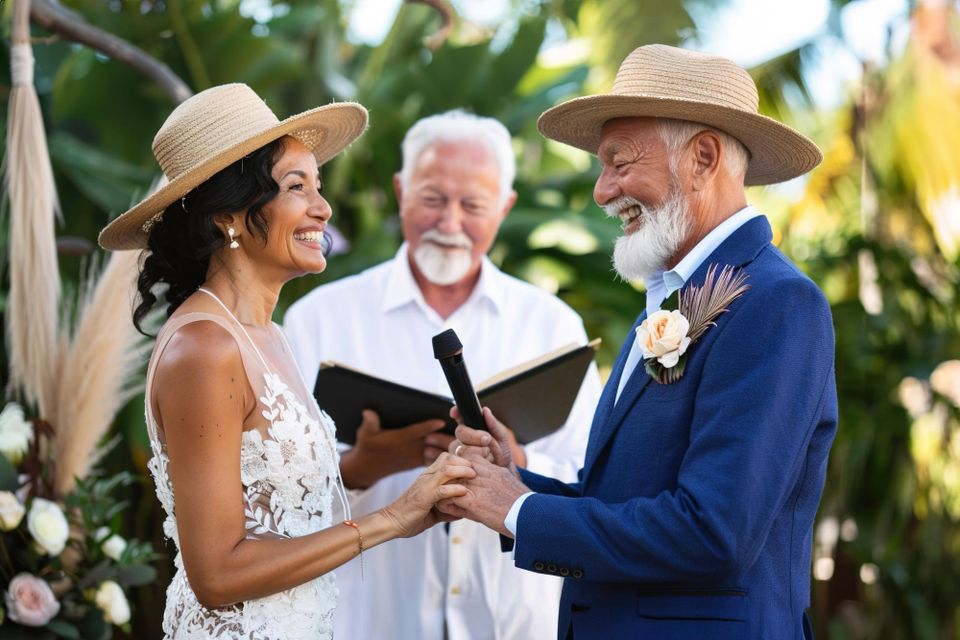 Older couple renewing wedding vows with officiant during ceremony