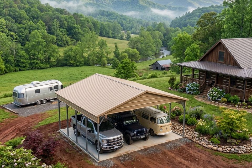 Triple wide carport covering three vehicles beside a mountain cabin in East Tennessee
