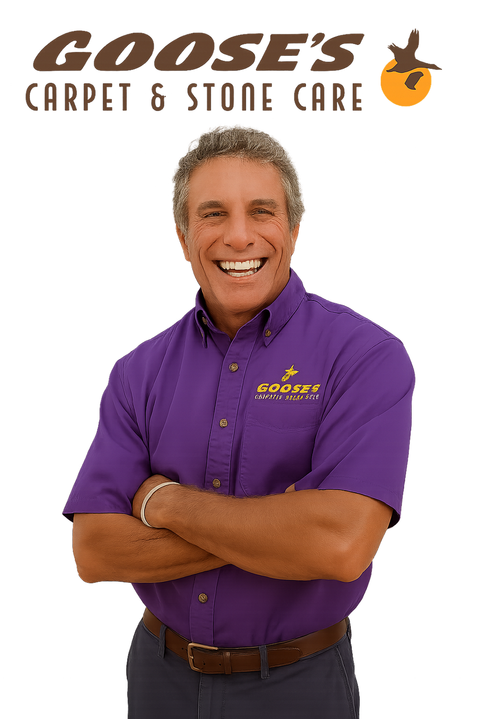Owner Michael Augusto standing with arms crossed in a purple Goose’s Carpet & Stone Care shirt, smiling with company logo above on a transparent background