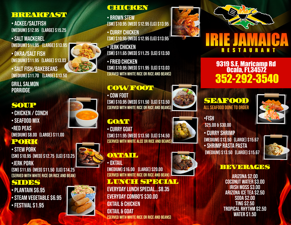 Irie jamaica menu
