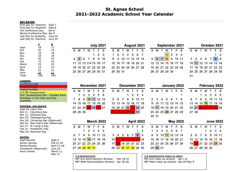 St. agnes school 2021 2022 academic calendar