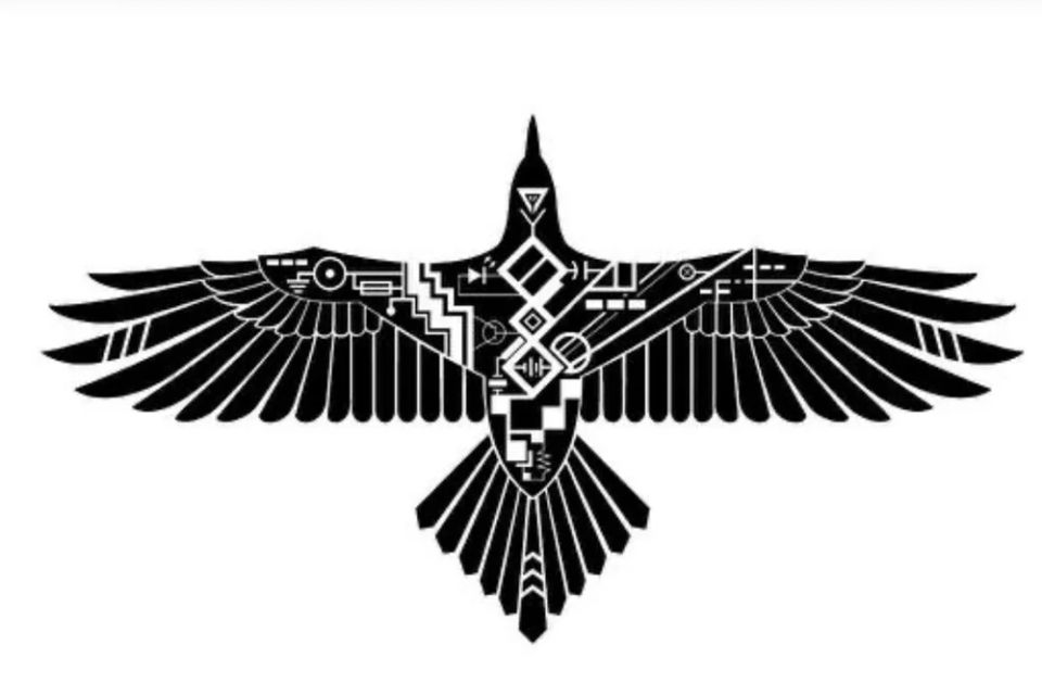 Blackbird Breathwork logo- black bird detailed with tribal patterns black on white background 