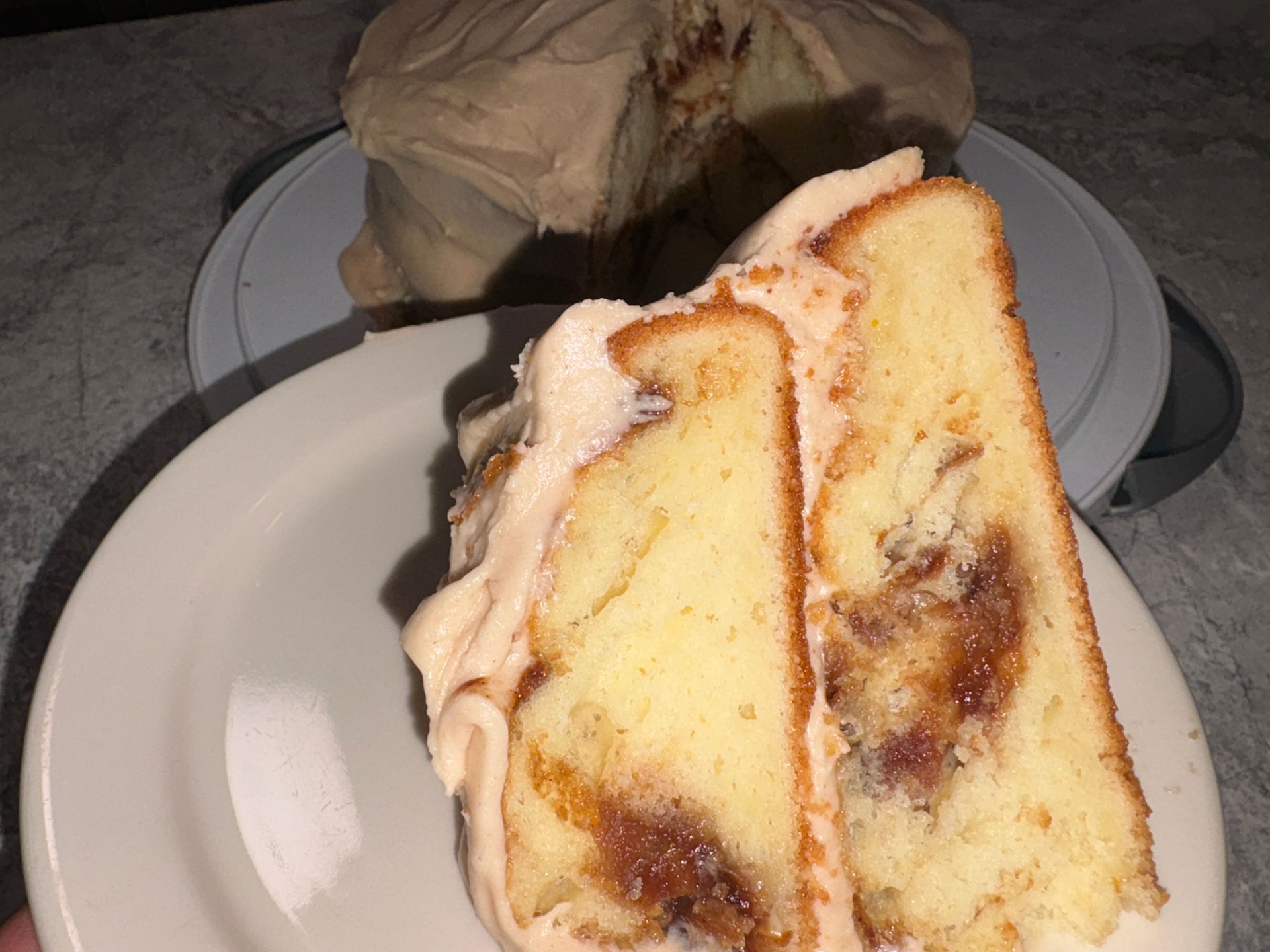 Slice of Apple Butter Cake showing moist crumb