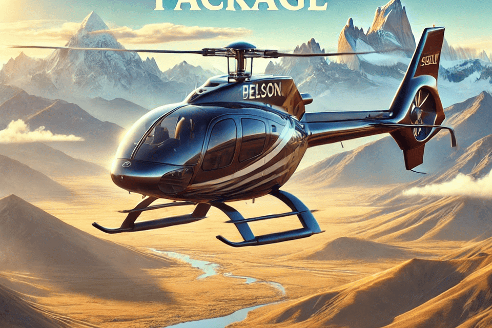 Dall·e 2024 09 15 06.33.36   a sleek personal helicopter flying above a scenic landscape  labeled personal helicopter package