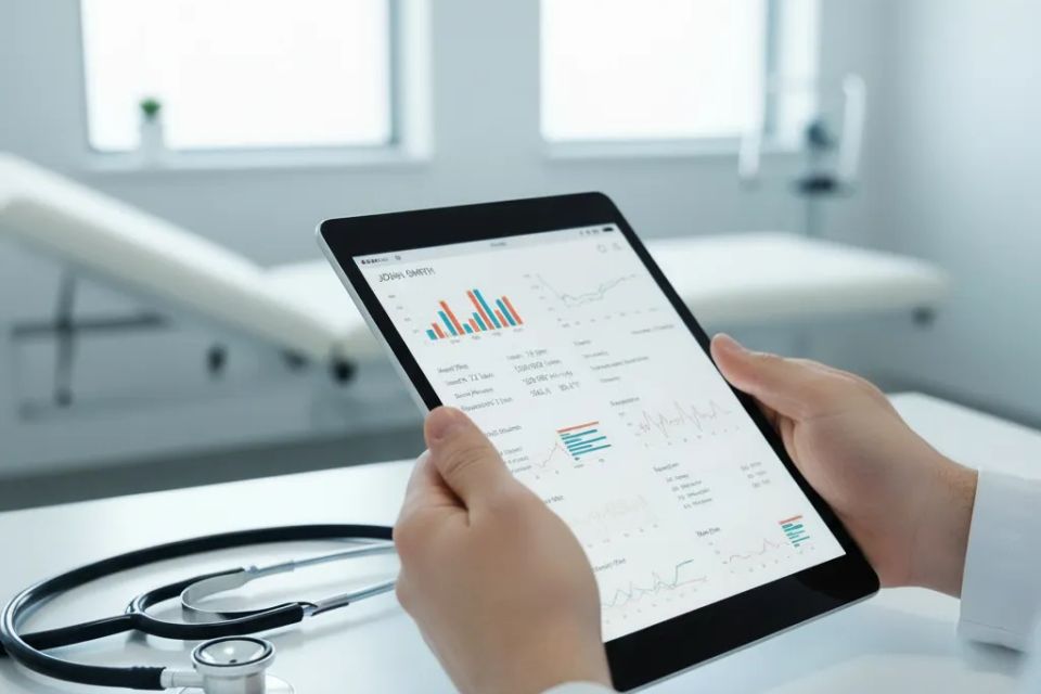 Close-up of hands holding a tablet displaying clear health charts with a stethoscope in the background.