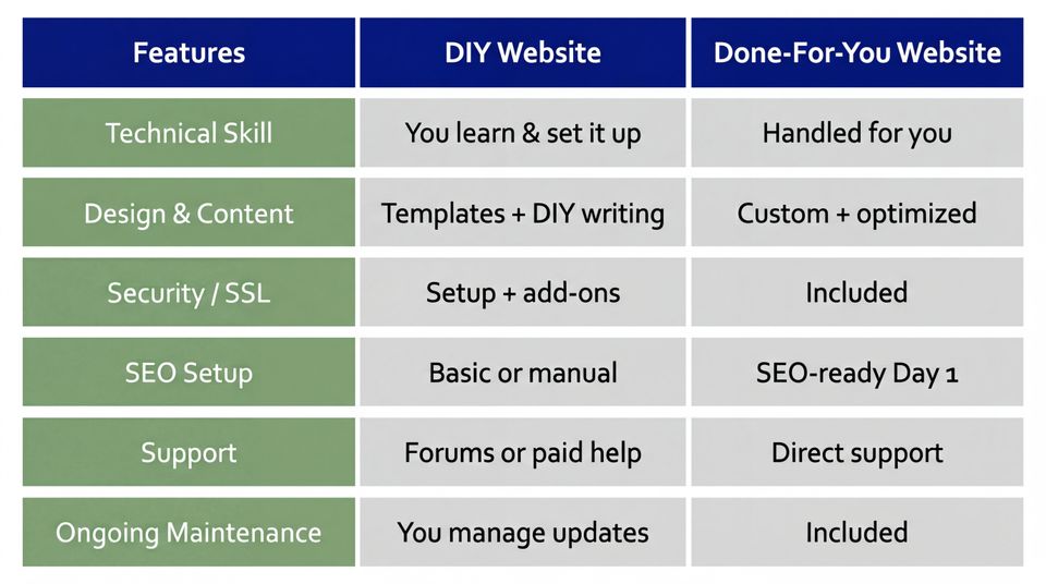 Website service   diy website vs pw table