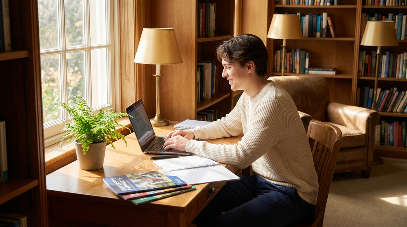 Student researching scholarships at a laptop