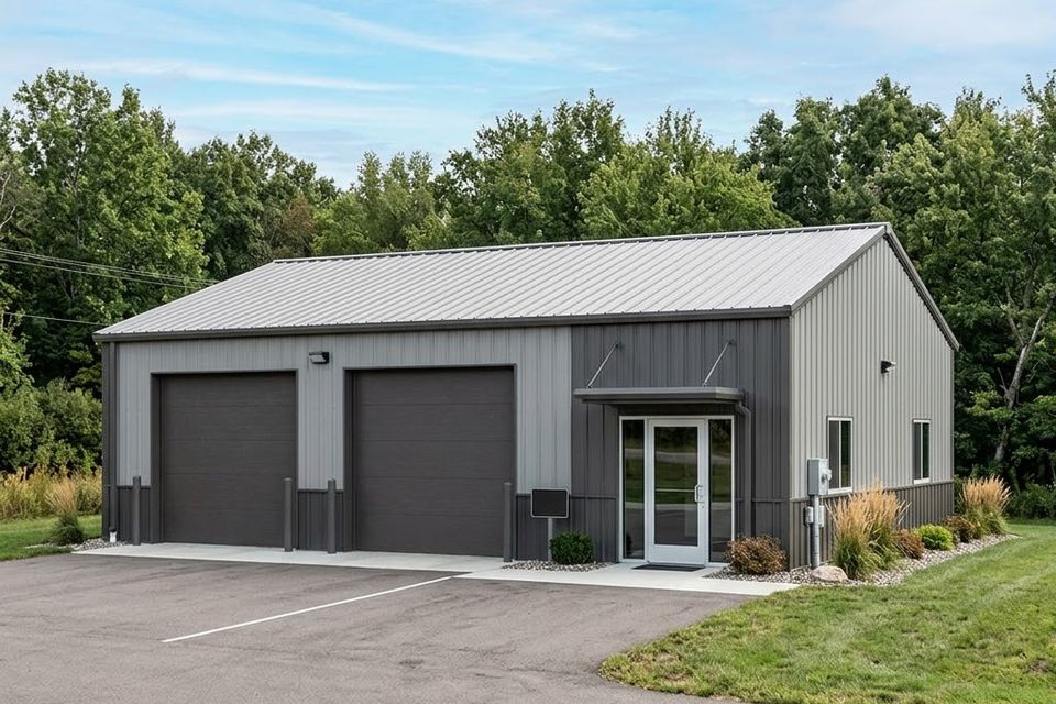Gray metal garage building with two overhead doors and entry door in Elizabethton TN