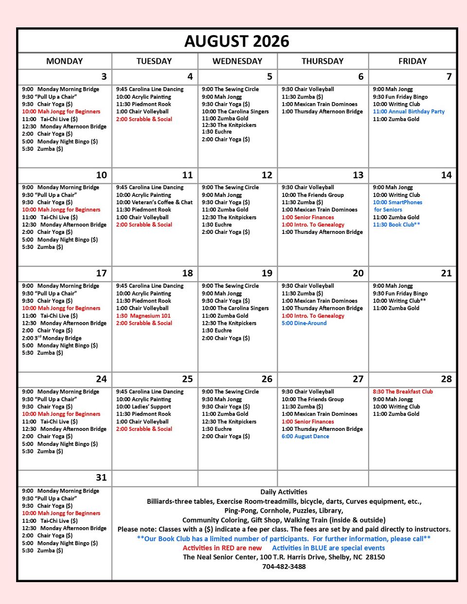 August 2026 activities