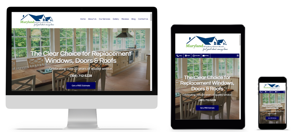 Maryland Windows Doors Roofs website in Frederick Maryland shown on desktop, tablet, and mobile featuring replacement windows, doors, and roofing services.