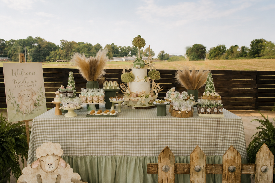 themed party setup with decorated tables and rustic farm venue styling in North Carolina